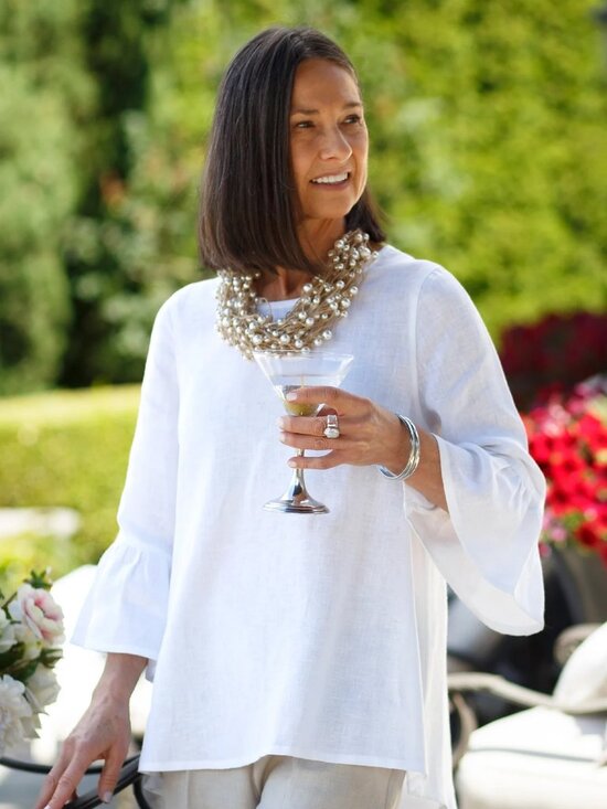 Crown Linen Designs Tops - Bella Bell Sleeve White 100% Linen Top by Crown Linen Designs Sz M-L